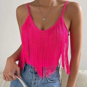 Pink Boho Womens Solid Fringe Trim Cami Top